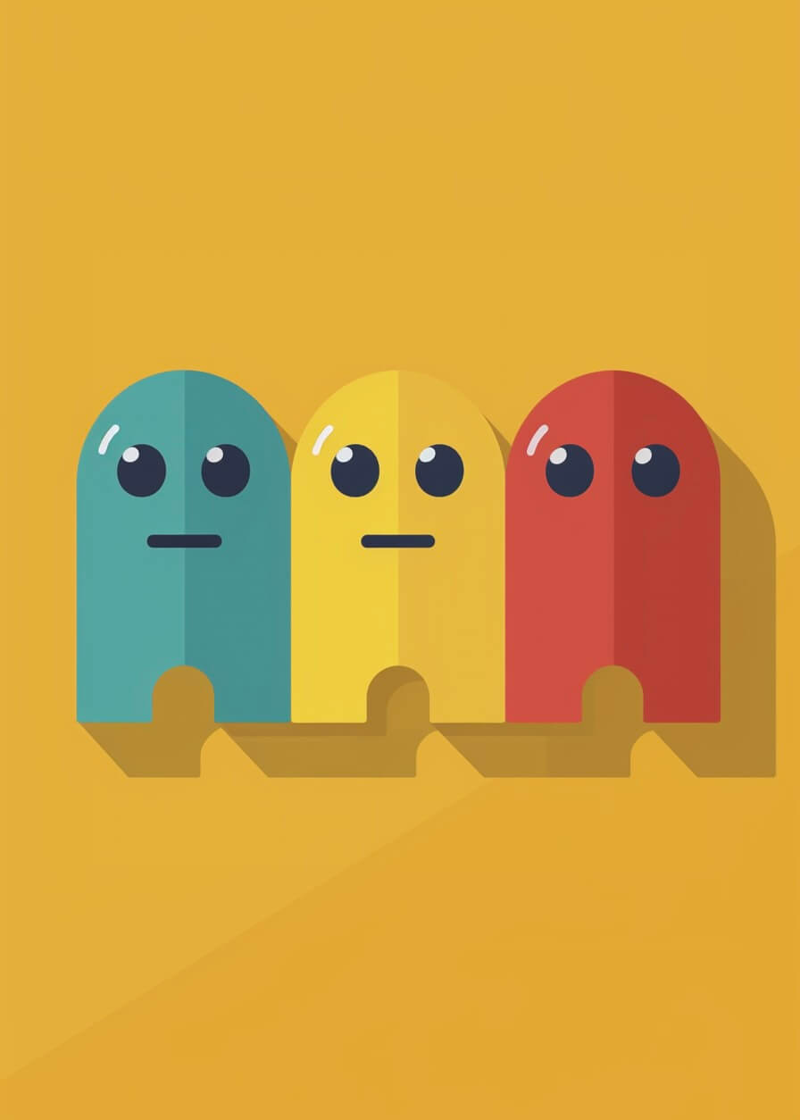 Plakaterne "Gamer ghost" viser tre tegneserie-spøgelser i plakat-stil i blågrøn, gul og rød med store skinnende øjne og små munde, der står side om side på en gul baggrund som retro videospil-ikoner.