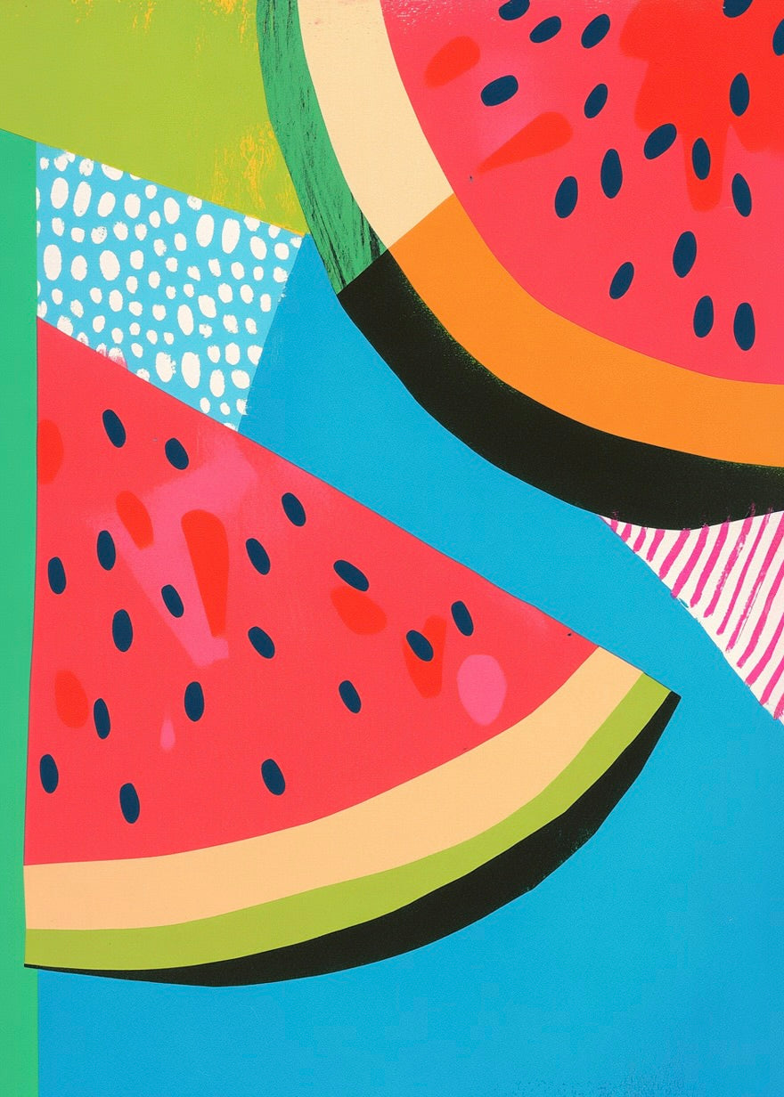 Sommerbidder fra Posters: En abstrakt plakat med saftige vandmelon-skiver, sorte kerner og grønne skaller mod blå baggrund. Geometriske mønstre i grøn, hvid og pink skaber sommerstemning.