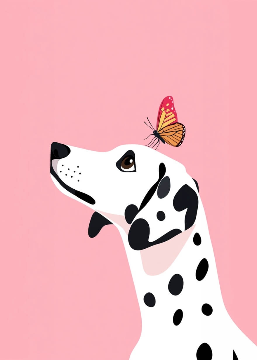 Sommerfuglens venlige berøring" fra Posters: En sort-hvid dalmatiner kigger op mod en sommerfugl på hovedet, indrammet af enkelt pink baggrund-et kunsttryk, der fanger naturens skønhed til enhver indretning.