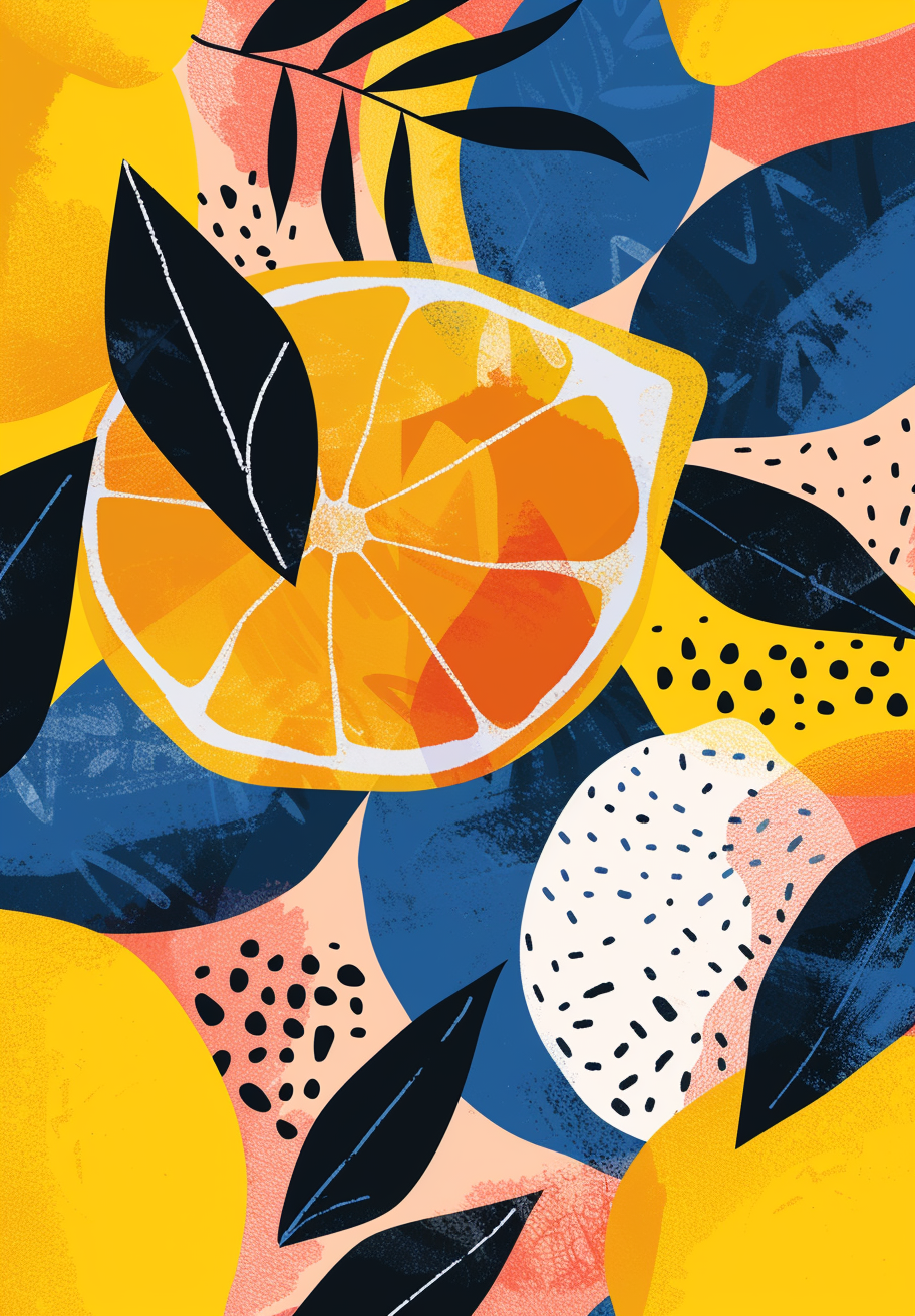 Sommermønster" fra Posters har en levende gul citronskive, mørkeblå blade og abstrakte former i blå, gul, hvid og fersken - ideelt som farverig vægkunst eller sommerplakat.