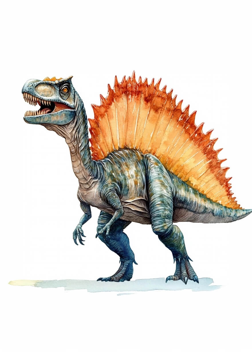 Posters Spinosaurus-plakaten viser dinosauren med blågrå skæl og en høj orange sejlfinne, der står oprejst med åben mund og skarpe tænder mod en hvid baggrund.