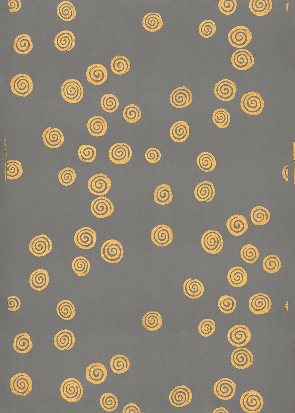 Spiraler i guld" af Posters har en grÄ baggrund med legende, abstrakte gyldne spiraler spredt jÊvnt, hver med lidt varierende stÞrrelse for en dynamisk plakat-stil.