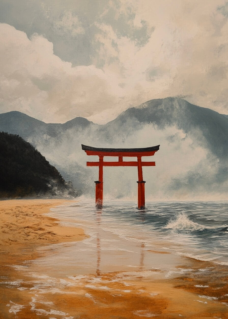 Strand i Japan-plakaten fra Posters viser en rød torii-port i lavt vand nær en sandstrand med tågefyldte bjerge, der indfanger fredfyldt skønhed og åndelig ro.