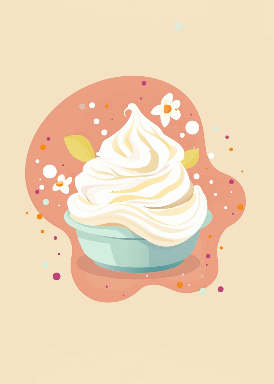 En illustration i plakatstil for Sunday icecream by Posters viser en skål med cremet softice på en ferskenfarvet baggrund, dekoreret med farverige prikker, små hvide blomster og grønne blade.