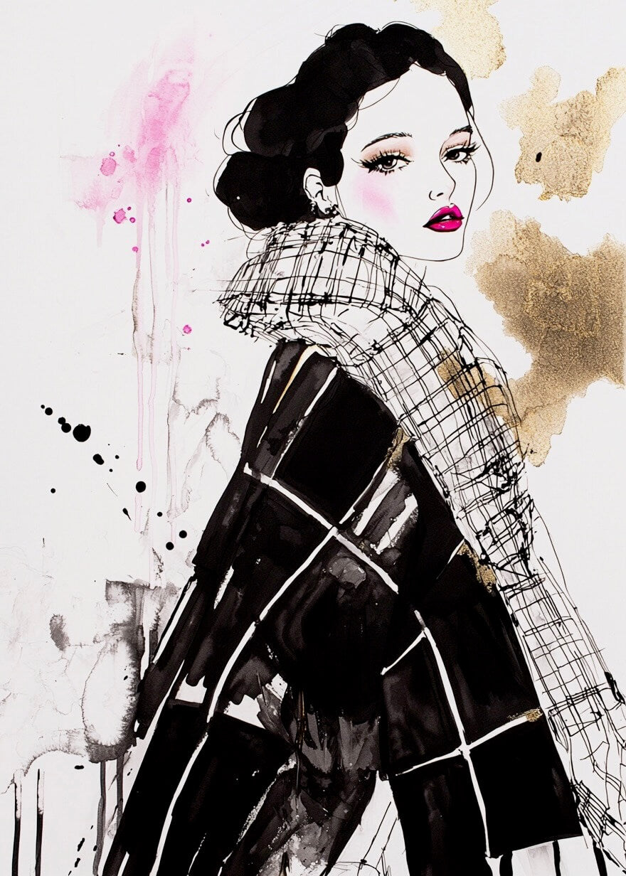 Modeplakaten "Tegnet chik" fra Posters har en modeillustration af en kvinde med mørkt hår, lyserøde læber og en fed ternet frakke, fremhævet af abstrakt guld og lyserød akvarel - en elegant vægkunst til ethvert stilfuldt rum.