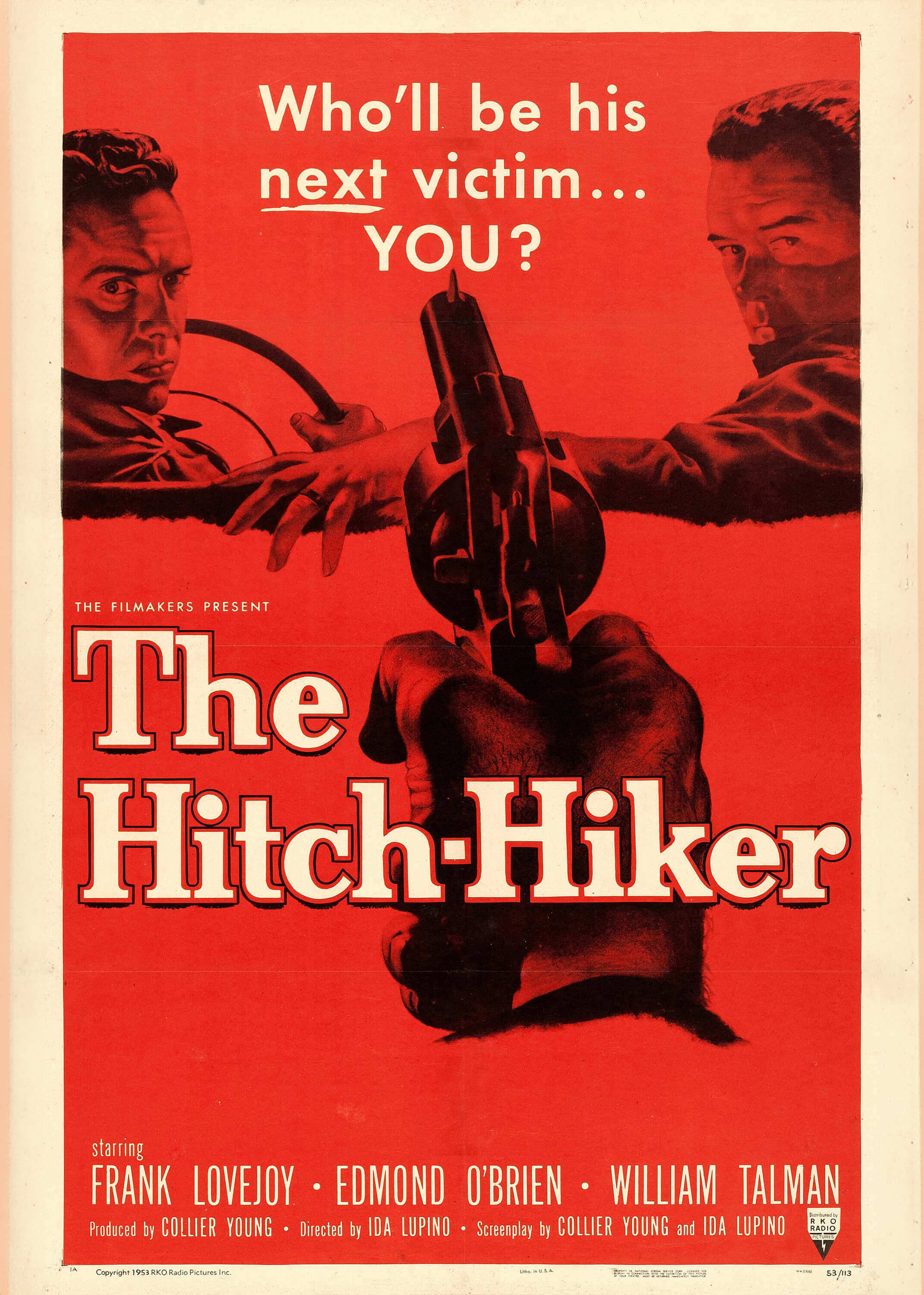 Hitch-Hiker-plakaten fra Posters viser en bevæbnet mand foran, en anden figur bagved og advarslen "Hvem bliver hans næste offer ... DIG?" på en fed rød baggrund - en klassisk thriller fra 50'erne.