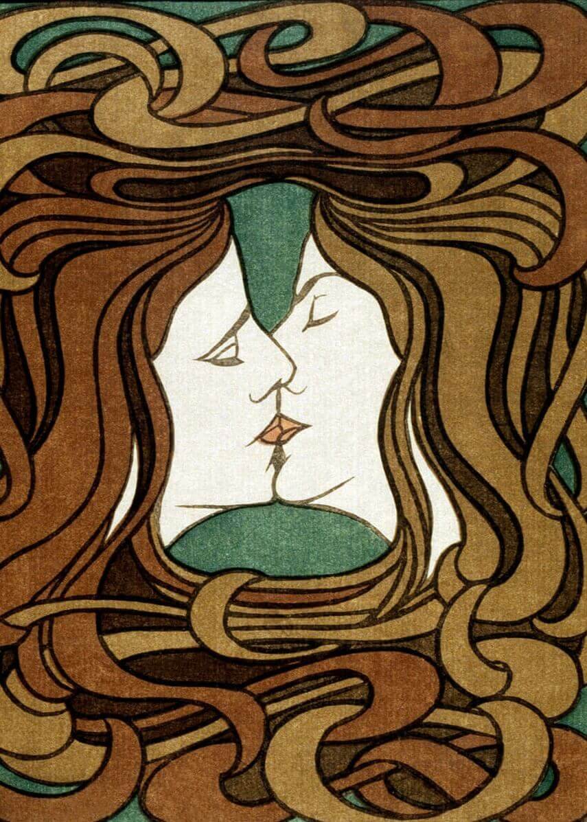 The Kiss" af Posters har en stiliseret plakatillustration af to kvinder med flagrende hĂĄr, der kysser hinanden, og deres spejlvendte ansigter er indrammet af hvirvlende, udsmykket hĂĄr, der fletter sig sammen og danner en abstrakt kant.