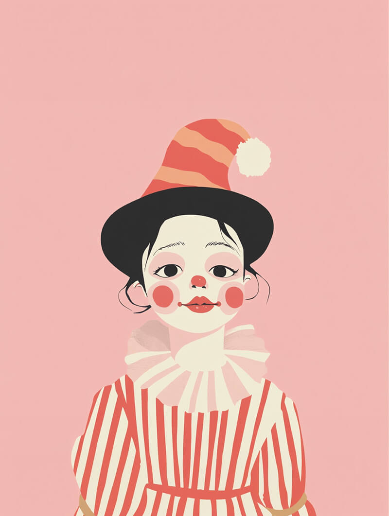 The Lady Clown" by Posters er et kunstnerisk plakat, der viser en person klædt ud som klovn med hvid ansigtsmaling, røde kinder, flæsekrave og rød hat på FSC-certificeret papir mod en pink baggrund - perfekt som en klovn plakat.