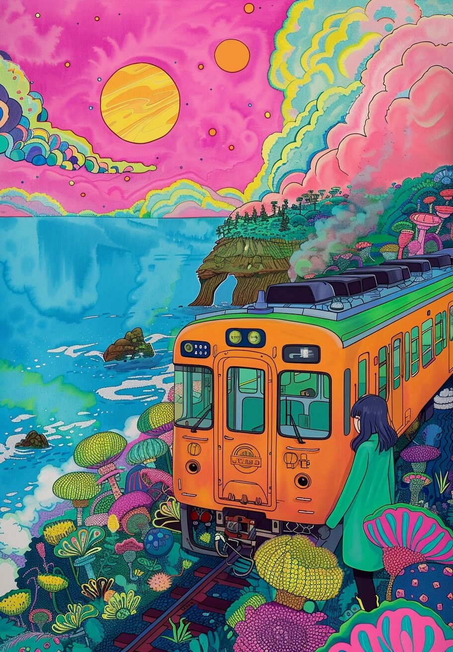 Posters' "Togtur i fantasia" viser et gul-orange tog ved havet under en lyserød himmel med hvirvlende skyer og en stor planet. En person i en grøn frakke står i nærheden blandt surrealistiske planter og klipper i denne livlige psykedeliske plakatscene.