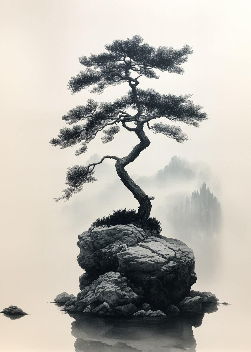 Træets ensomhed by Posters har en minimalistisk kunstskildring af et ensomt fyrretræ på klippegrund blandt stille vand og tågede bjerge - et elegant monokromt plakat til fans af ensomt træ-design.