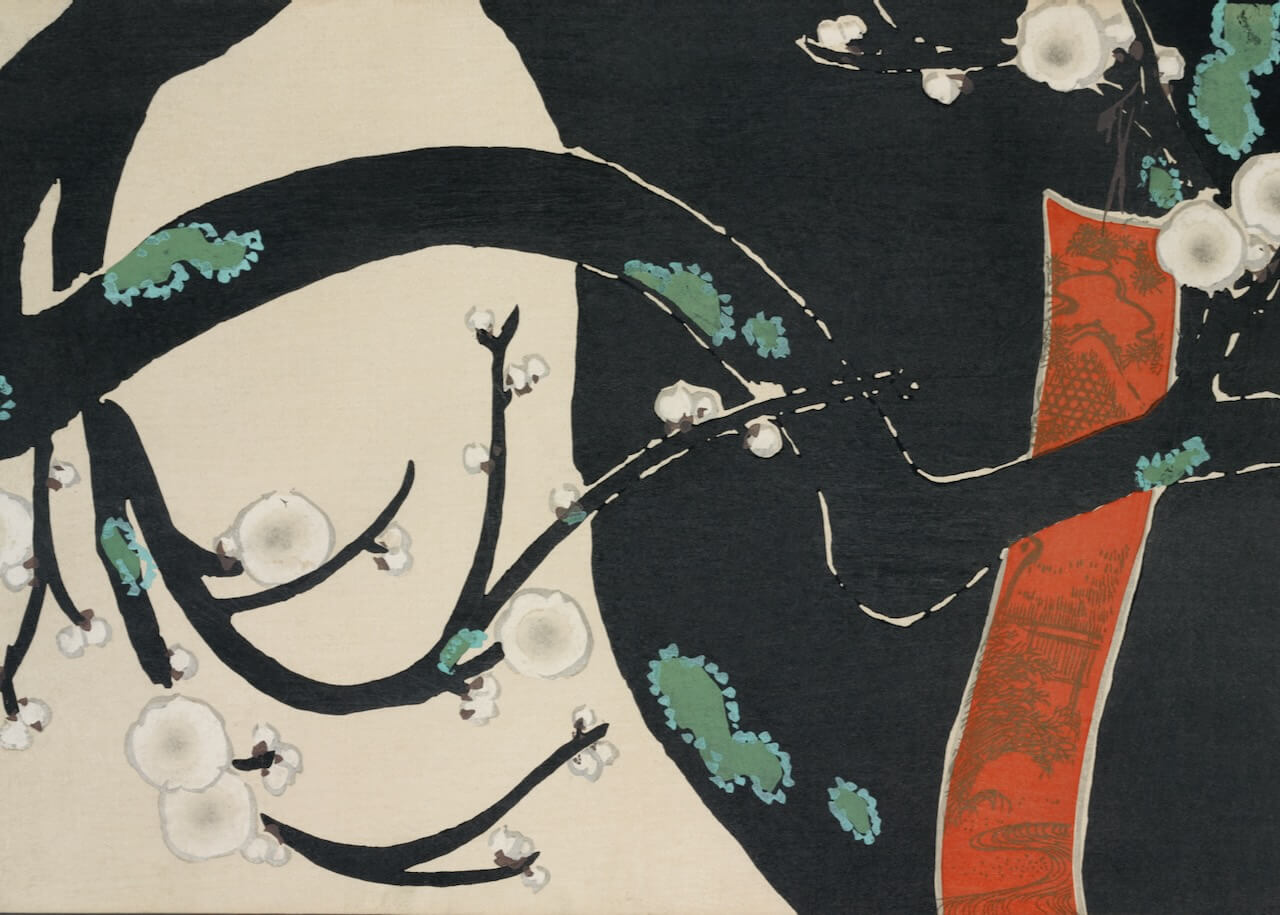 Træ fra Momoyogusa" af Posters er et minimalistisk plakat med mørke grene med hvide blommeblomster, grønt mos og en lys baggrund. En mønstret rød-orange kimono dukker delvist op bag grenene og giver et elegant touch.