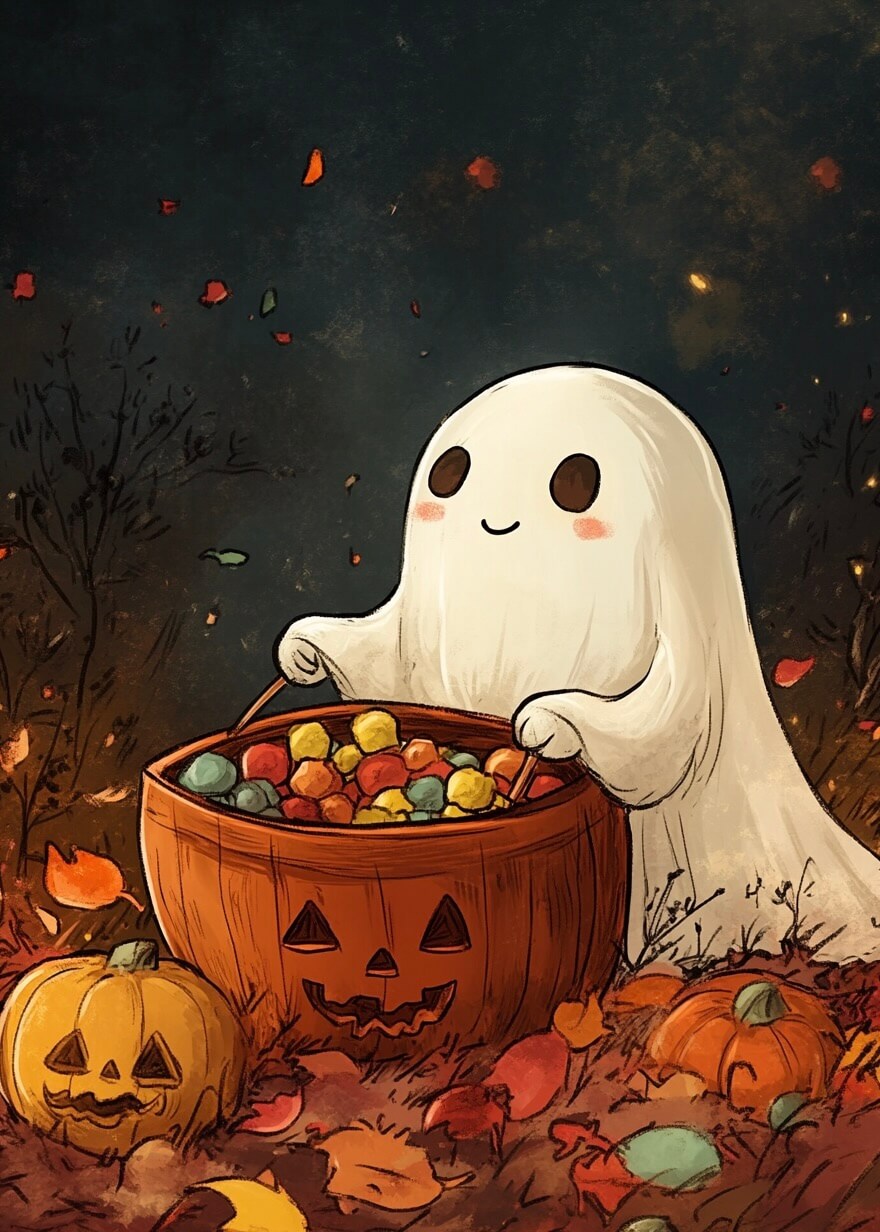 Et sødt spøgelse med røde kinder smiler, mens det holder en græskarkurv fuld af slik. To udskårne græskar hviler blandt efterårsblade i en mørk skov - perfekt som Posters' "Trick or Treat"-halloweenplakat til børneværelset.