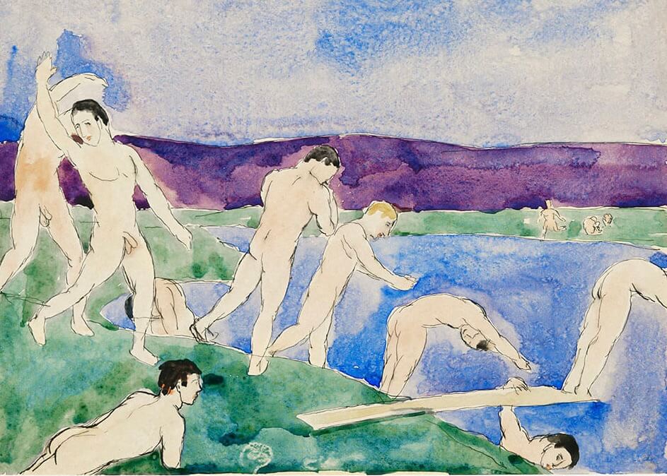 Twelve Nude Boys at the Beach" af Posters er en akvarel i plakatstil med nøgne drenge ved en søbred, hvoraf nogle står eller svømmer, med bølgende bakker og lilla bjerge under en blå himmel.