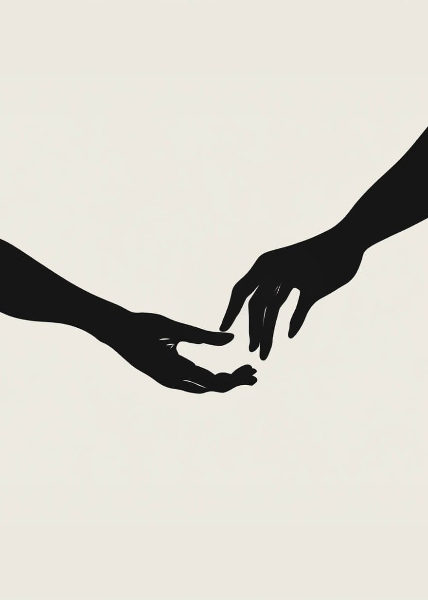 Us" fra Posters er en minimalistisk sort-hvid plakat med to sorte hænder, der næsten rører hinanden på lys baggrund - en smuk kærlighedsplakat i enkel stil.