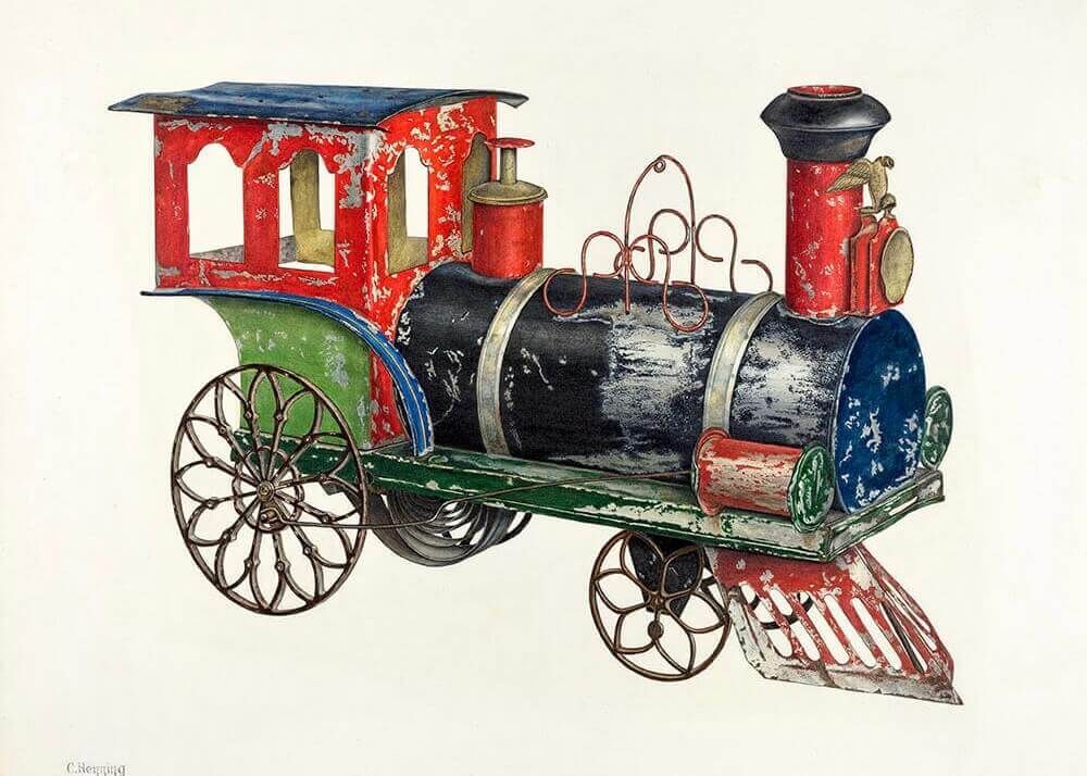 Posters Veterantog er et gammelt legetøjstog i metal med rød, grøn og sort krop, store egerhjul, åbent førerhus, høj skorsten og et slidt, vejrbidt udseende.