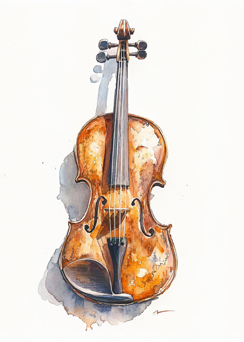 Violinen i Akvarel by Posters er et varmt brunt akvareltryk med subtile skygger, slidte detaljer og polerede refleksioner - ideelt som kunstplakat til musikalsk indretning på en almindelig hvid baggrund.