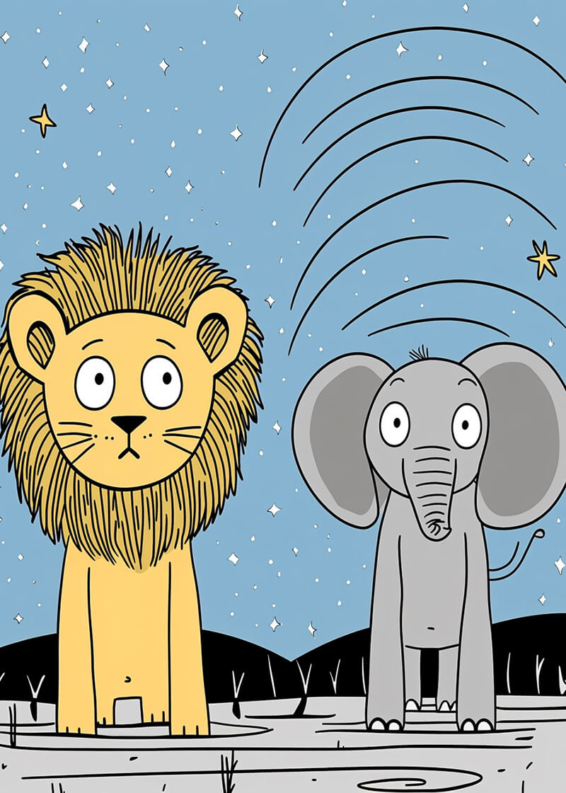 I børneplakaten "Who Me?" fra Posters står en tegneserieløve og en elefant under en stjerneklar nattehimmel. Løven ser roligt frem for sig, mens lydbølger fra elefantens hoved antyder, at den lytter opmærksomt.