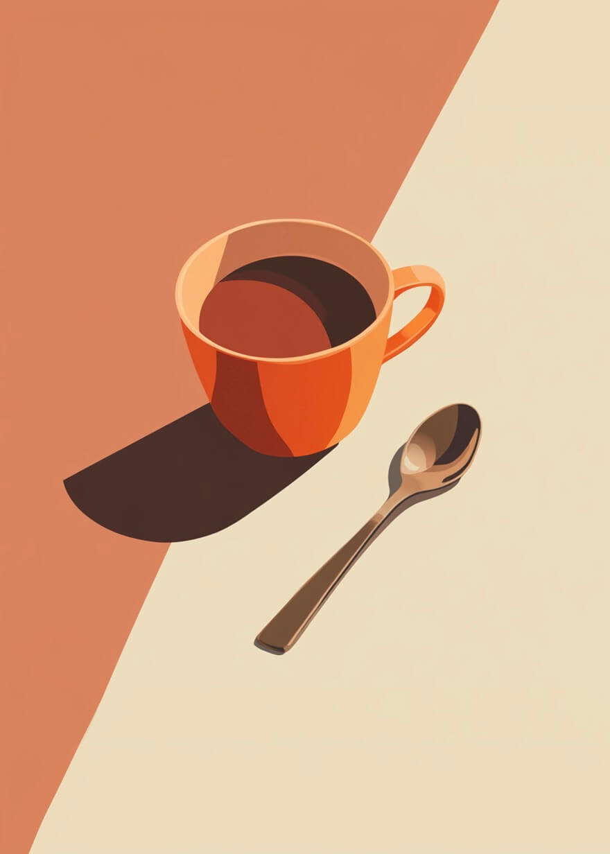 With a Spoon by Posters viser en orange kaffekop med mørk væske på en tofarvet overflade og en metalske ved siden af. Denne minimalistiske plakat er ideel til køkkenindretning, fremhævet af varm belysning og en rolig atmosfære.