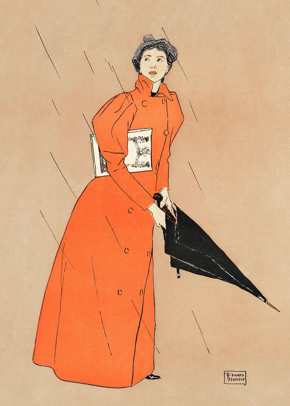 Kunsttrykket "Woman holding umbrella" fra Posters viser en kvinde i en lang, lys orange frakke med en sort paraply og en bog under armen på en beige baggrund i plakatstil.