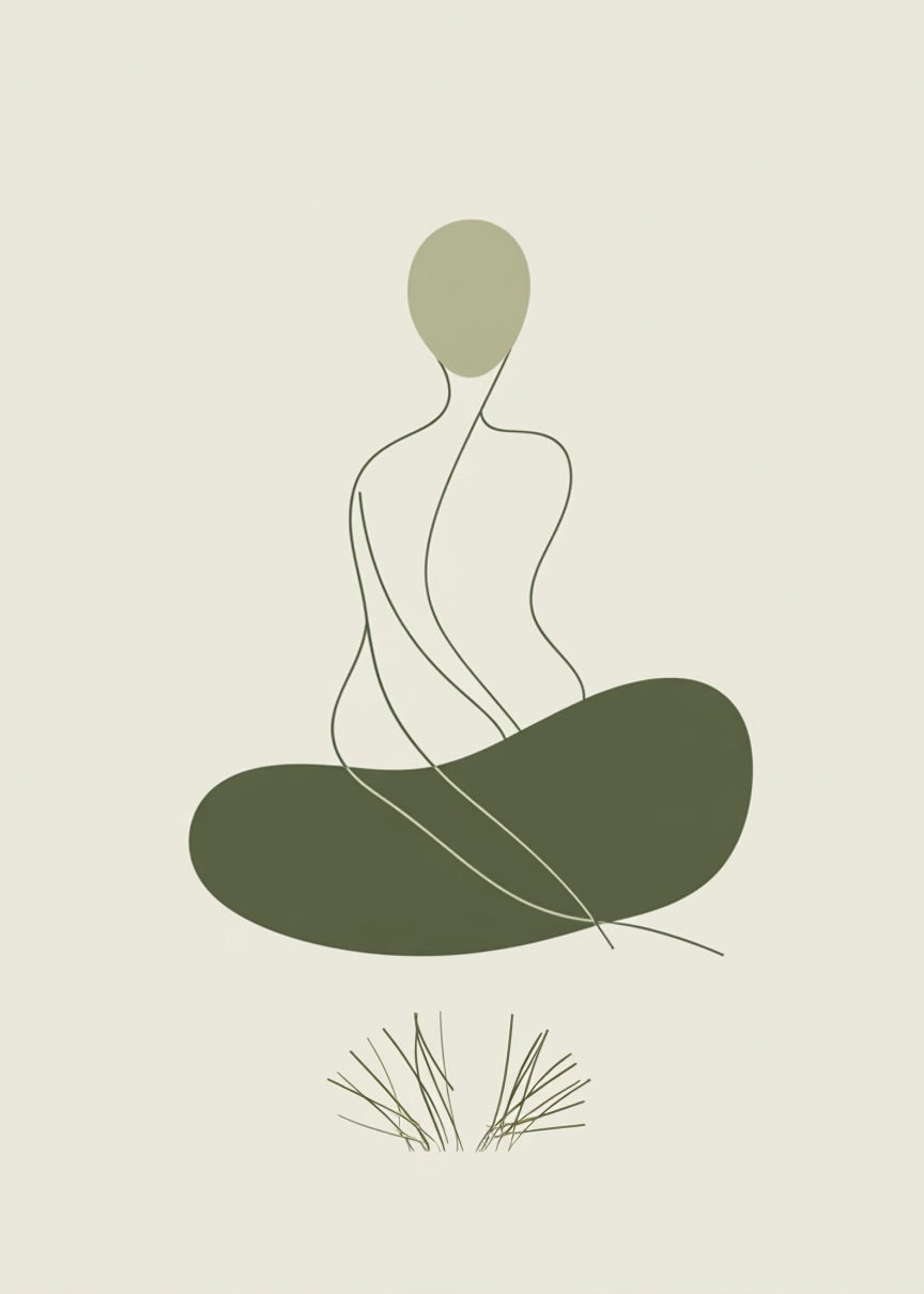 Yoga i naturen" fra Posters har en minimalistisk stregtegning af en person, der mediterer med korslagte ben i beroligende grønne nuancer på en lys, græsklædt baggrund - ideel som en mindful yoga-plakat til yogaindretning.