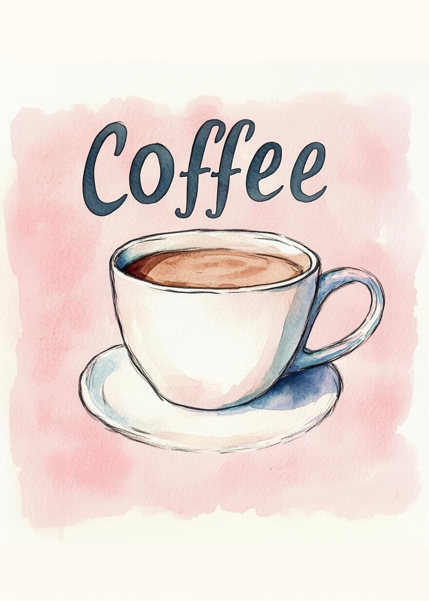 En akvarelplakat af Rosa Coffee by Posters: en hvid kaffekop med kaffe på en underkop på en lyserød baggrund med "Rosa Coffee" stilfuldt skrevet over.