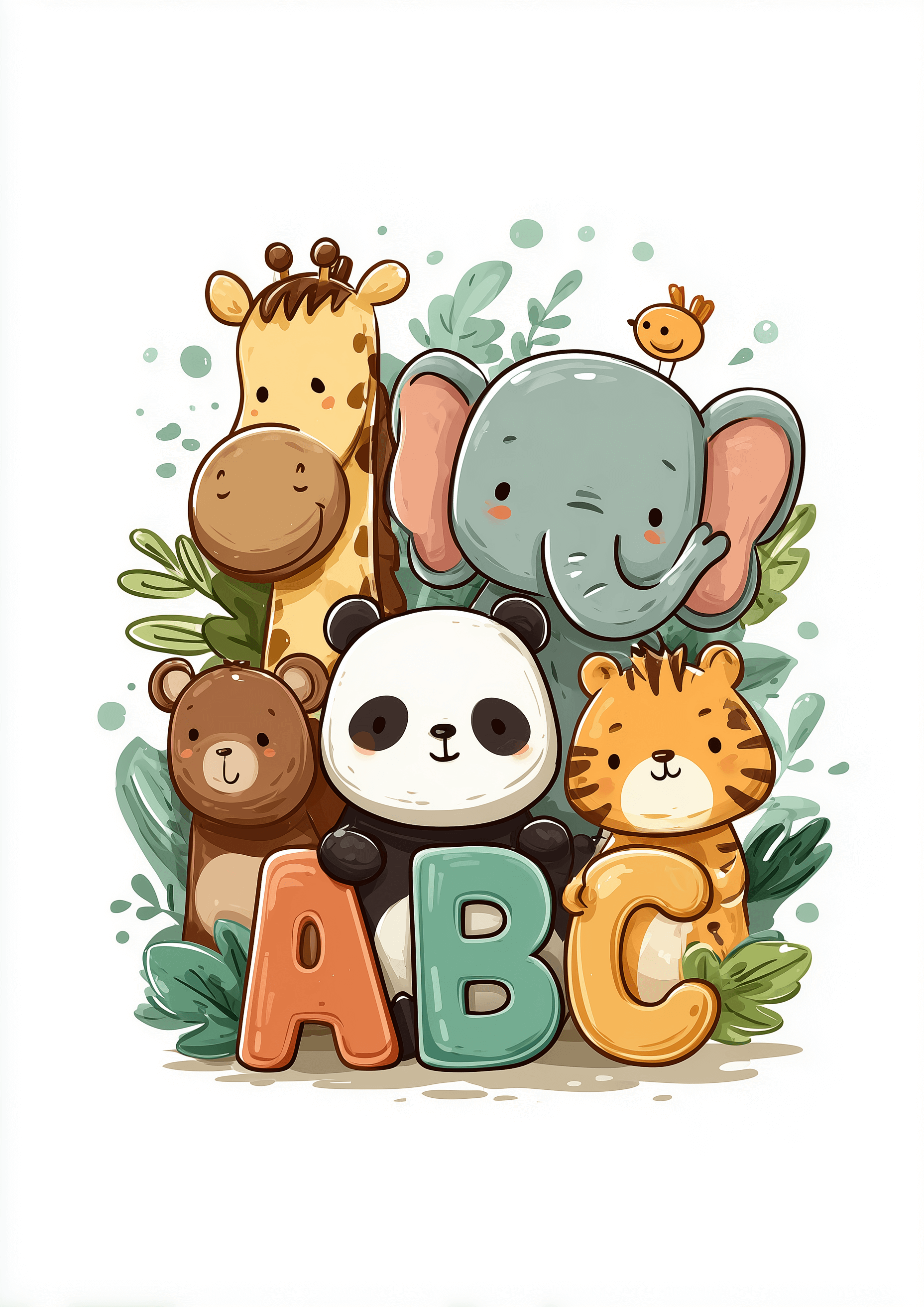 ABC Kingdom by Posters viser søde tegneseriedyr - en giraf, en elefant, en bjørn, en panda og en tiger - der holder farverige A-, B- og C-bogstaver midt i grønne omgivelser og en lille fugl. Denne charmerende plakat er perfekt til ethvert børneværelse.