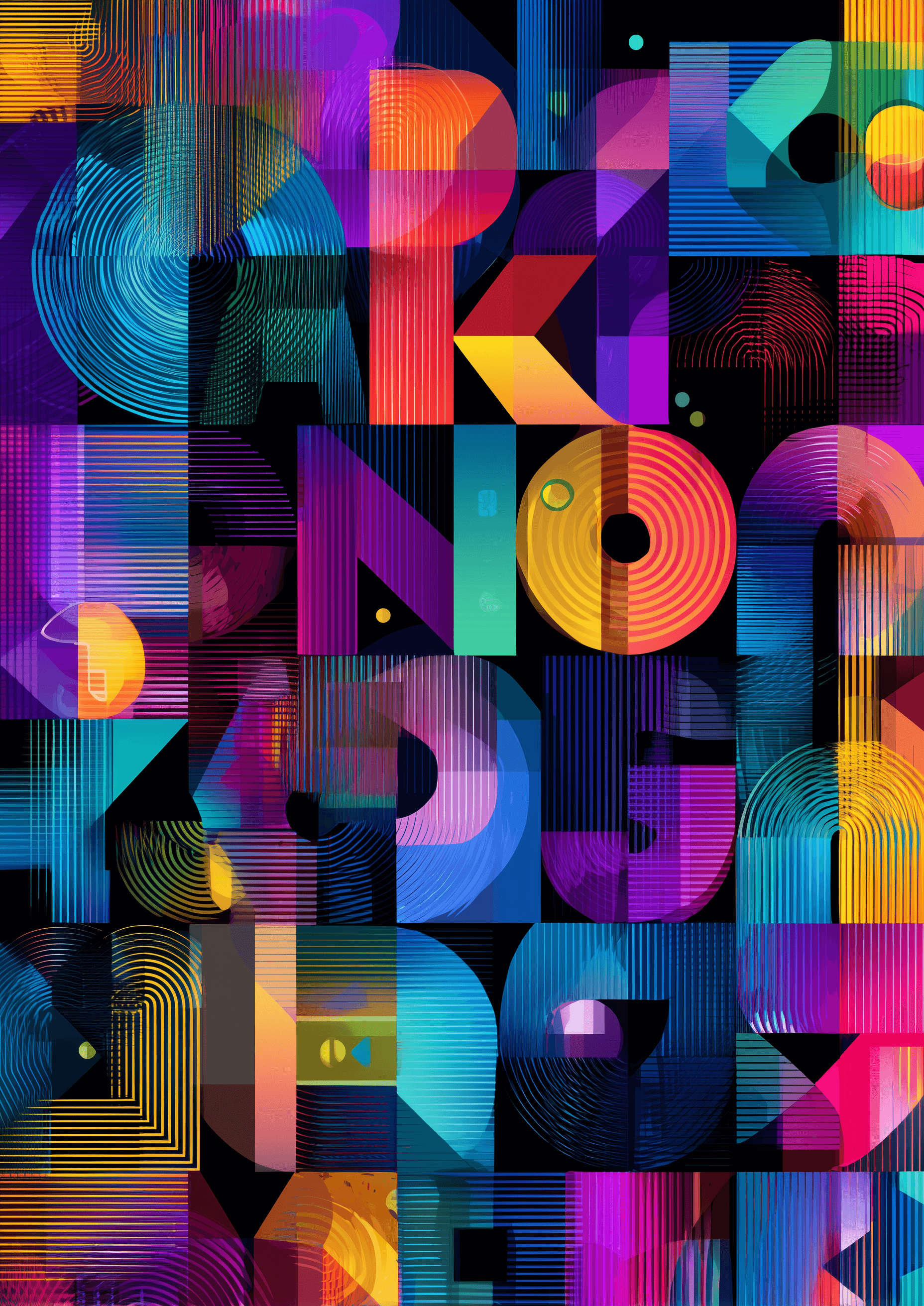 Det abstrakte alfabet fra Posters har dristige bogstaver og farverige geometriske former, der overlapper hinanden på sort, med gradienter, cirkler, linjer og gennemsigtige lag, der giver et levende, futuristisk look.