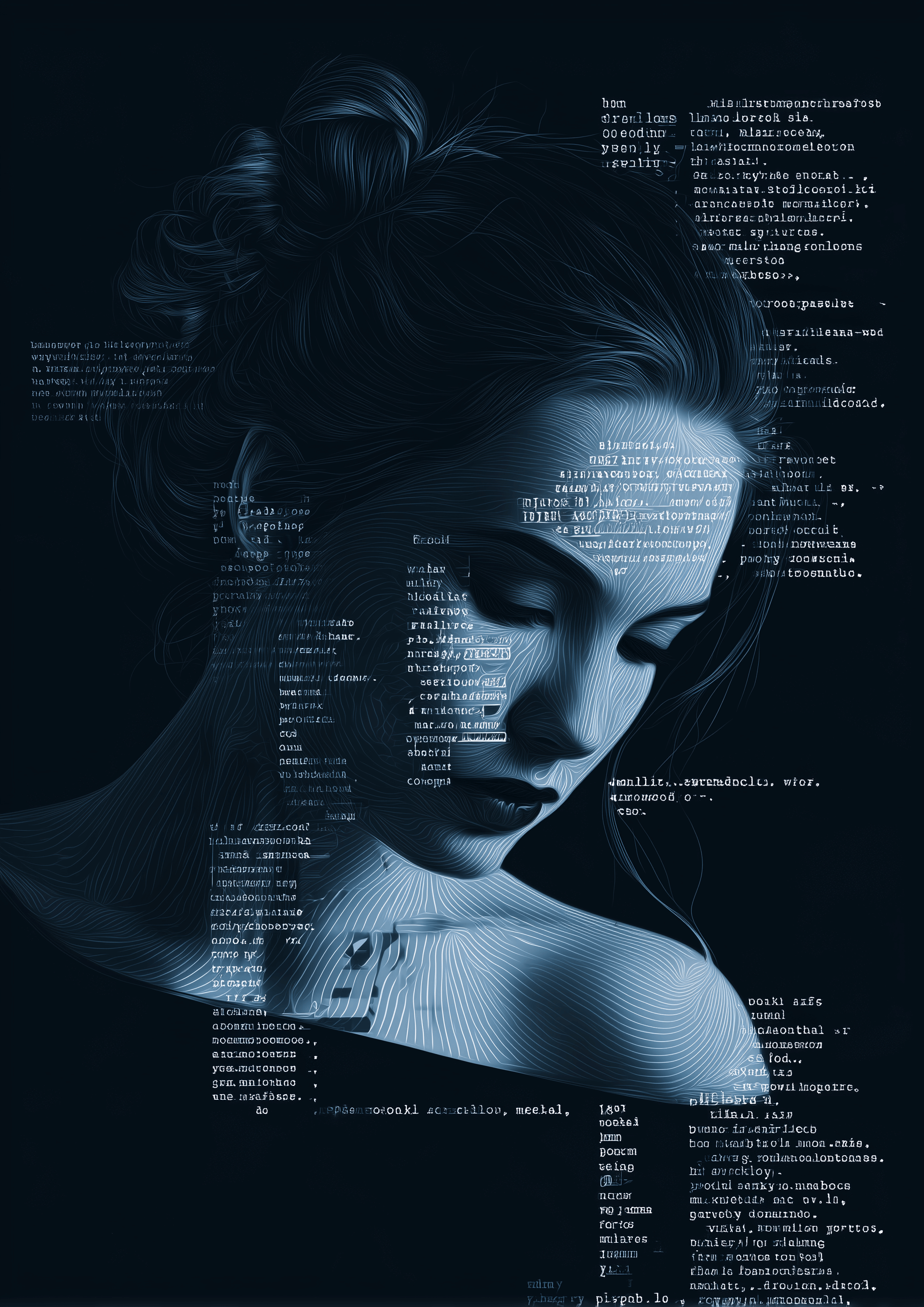 Alluring Enigma" fra Posters: Moderne vægkunst med et kvindeprofil i blå toner, overlejret med programmeringskode og tekst, der smelter teknologi og menneskelighed sammen i en slående digital plakat.