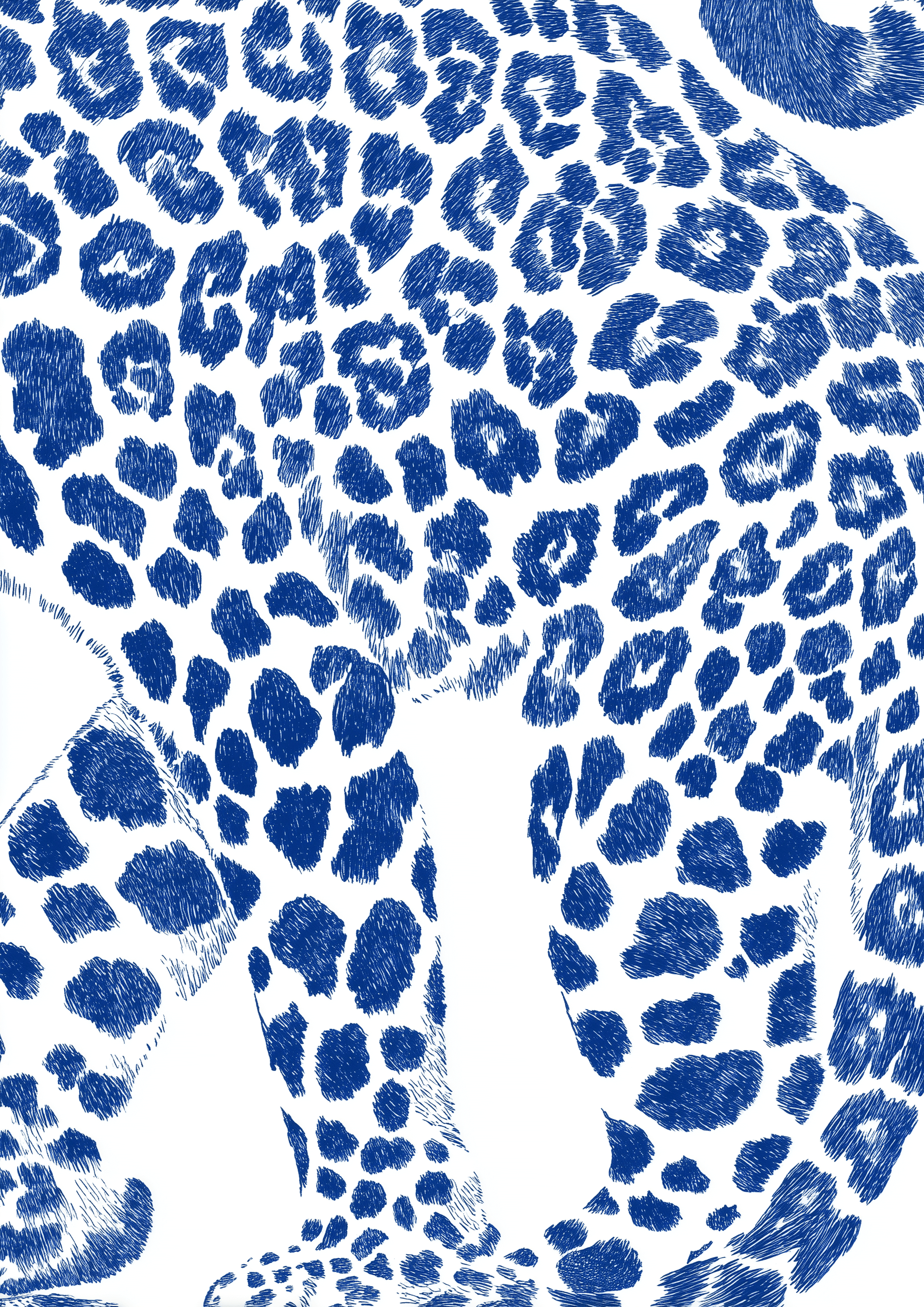 Asul Printed Leopard by Posters viser et blåt print i skitsestil af en leopards underkrop og hale med detaljeret pels og pletter, ideelt til moderne indretning på en hvid baggrund.