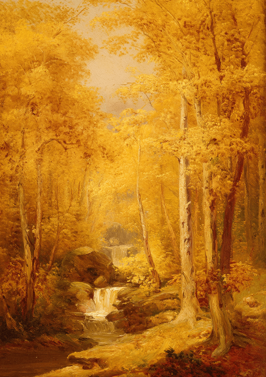Oplev fredfyldt skønhed med "Autumn Woodland" fra Posters - en fredfyldt efterårsskov-plakat med høje, gyldne træer og et blidt vandløb, der indfanger den fredelige, solbeskinnede essens af klassisk naturkunst.