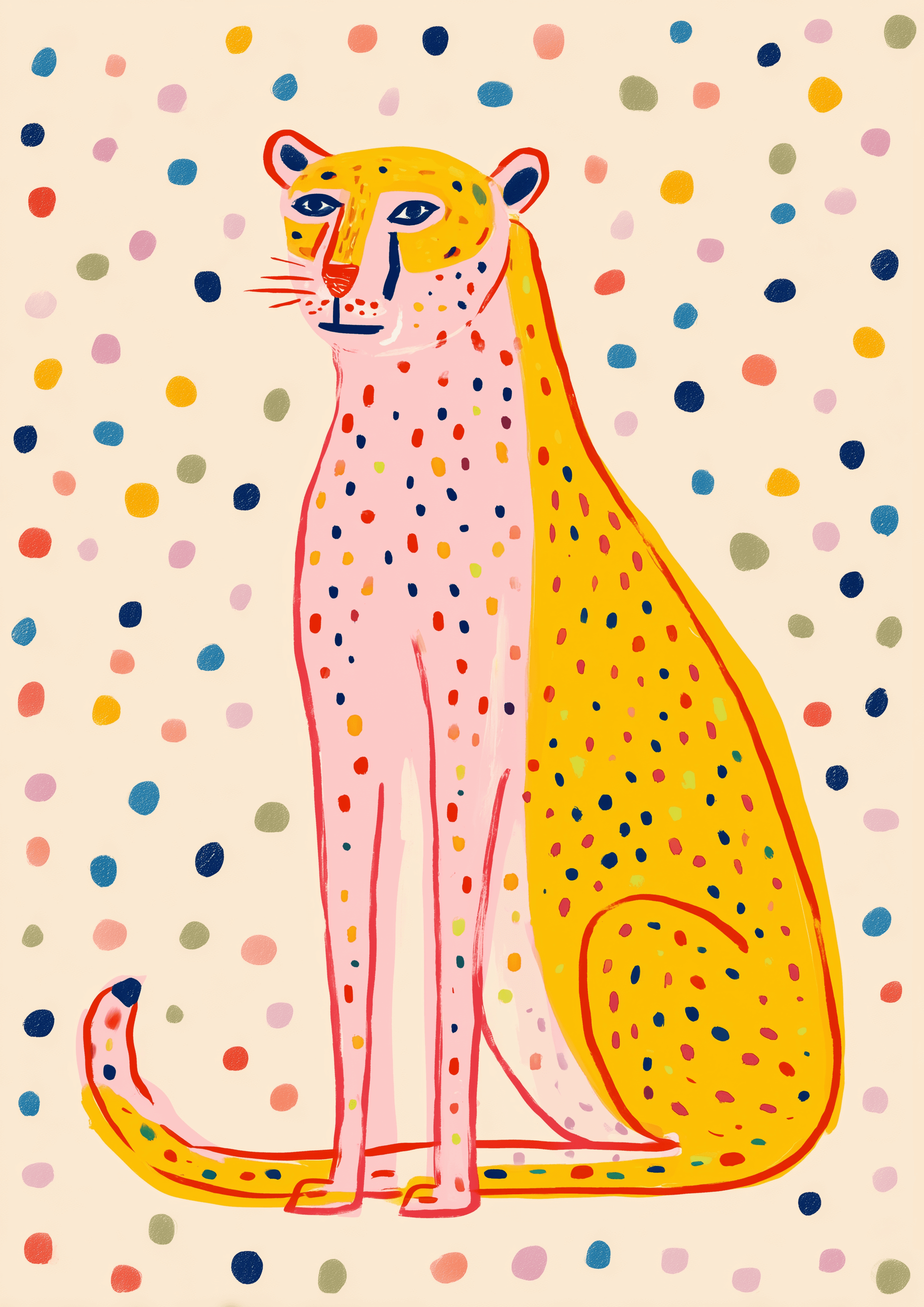 Sæt et livligt præg på børneværelset med "Cheetah Dots" fra Posters - en farverig illustration af en siddende gepard med gul og pink pels, flerfarvede pletter og en beige baggrund med legende polkaprikker.