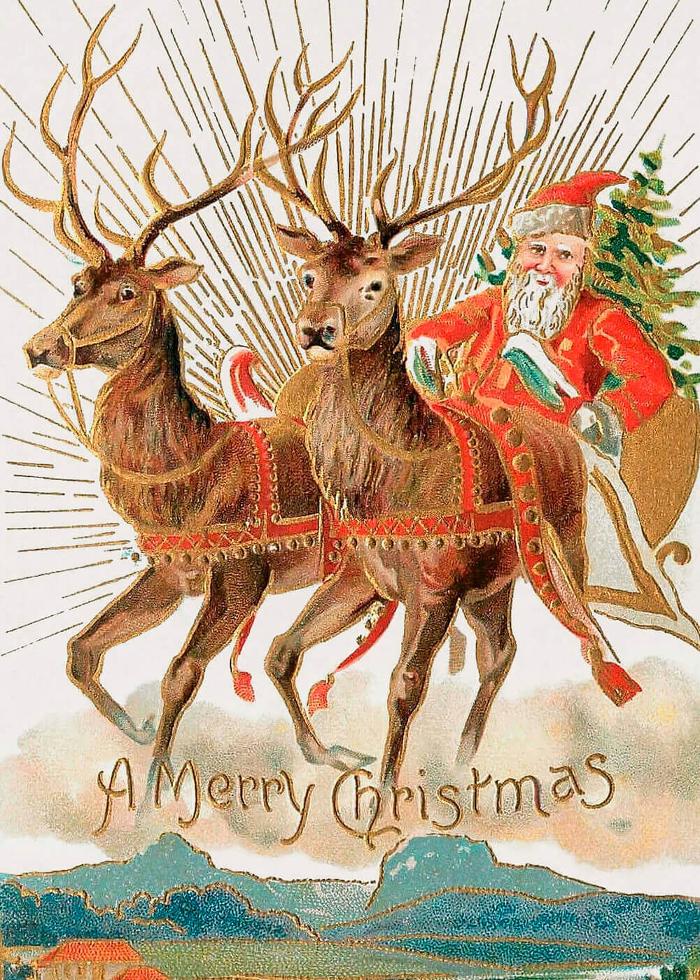 Christmas postcard of Santa Claus and his reindeer