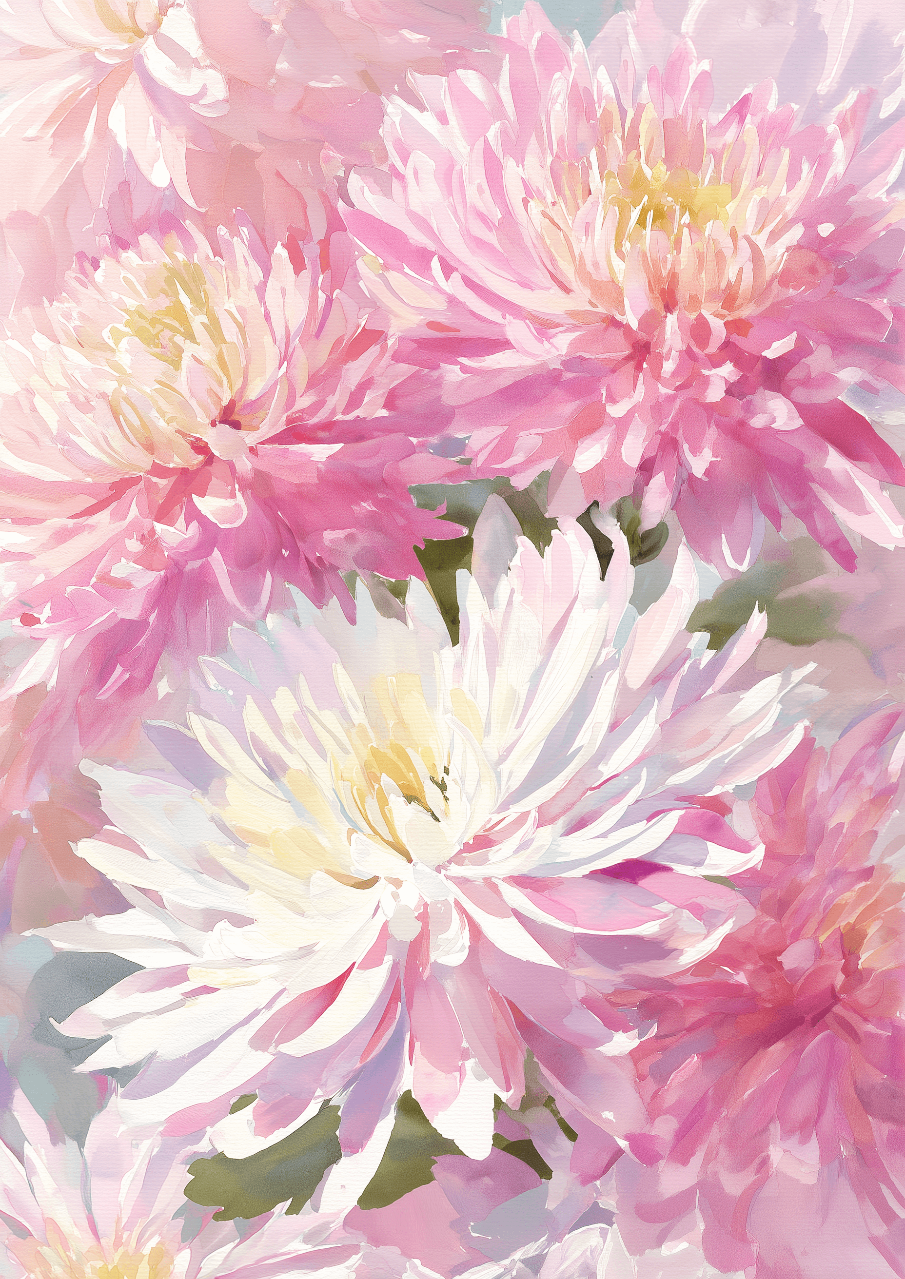 Chrysanthemum flowers by Posters har sarte rosa og hvide blomster med gul midte i en let akvarelstil, der skaber luftig pastelfarvet vægkunst, som er ideel til ethvert rum.