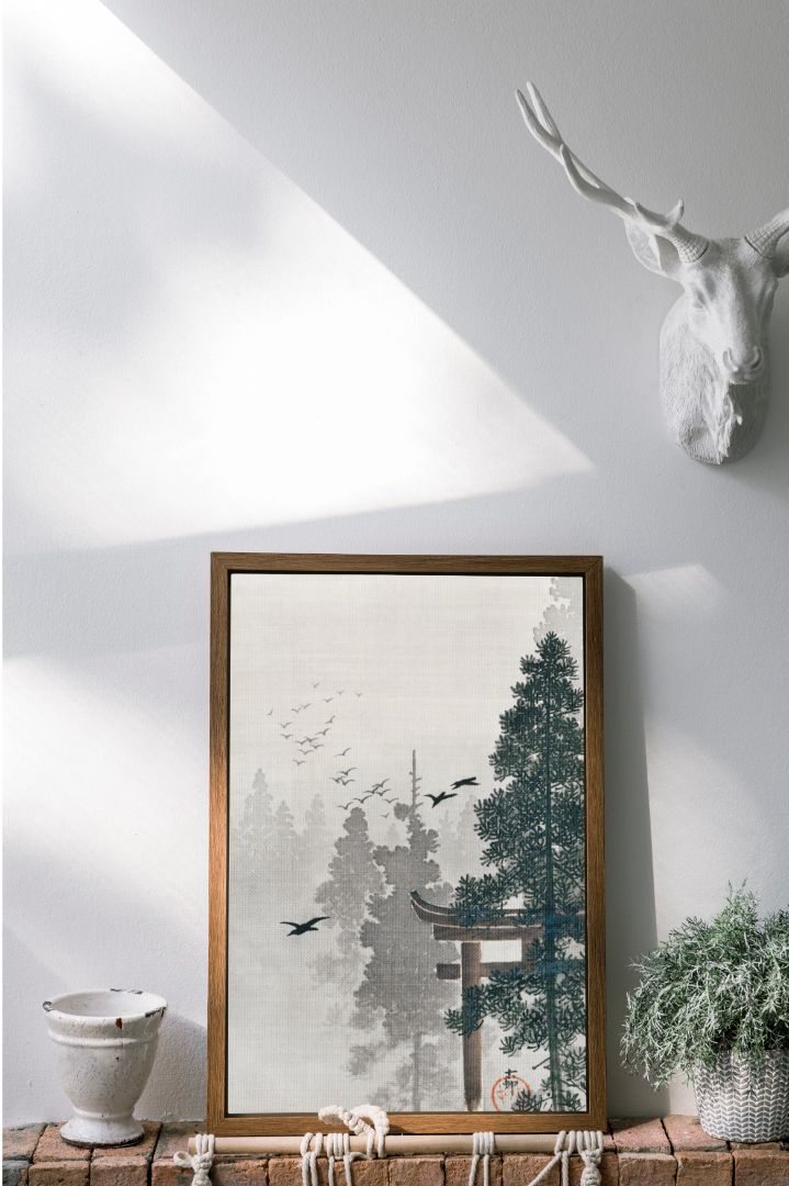 Flock of Birds and a Torii Gate in a Pine Tree Forest