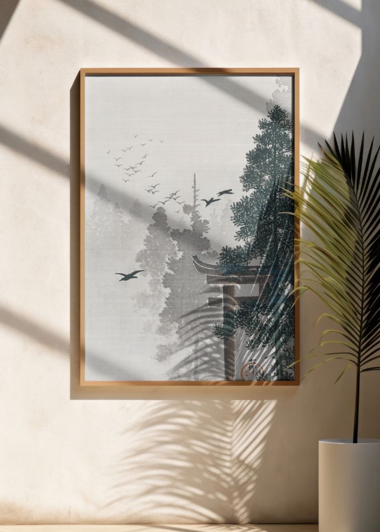 Flock of Birds and a Torii Gate in a Pine Tree Forest