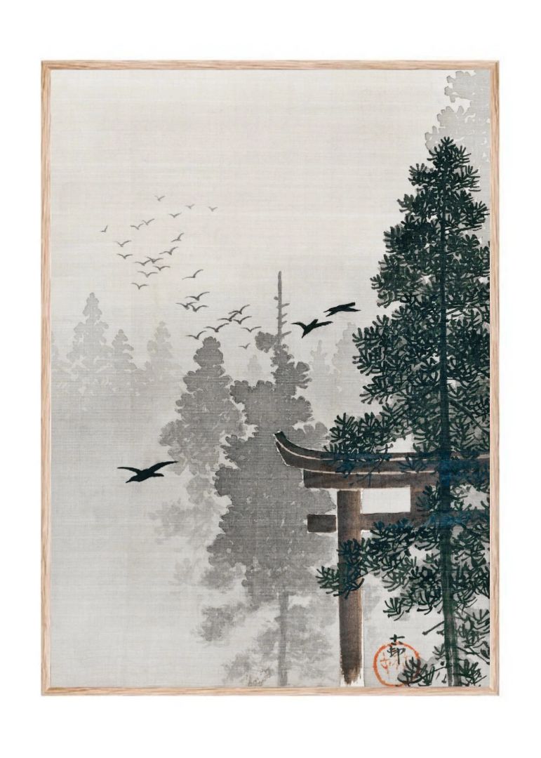 Flock of Birds and a Torii Gate in a Pine Tree Forest