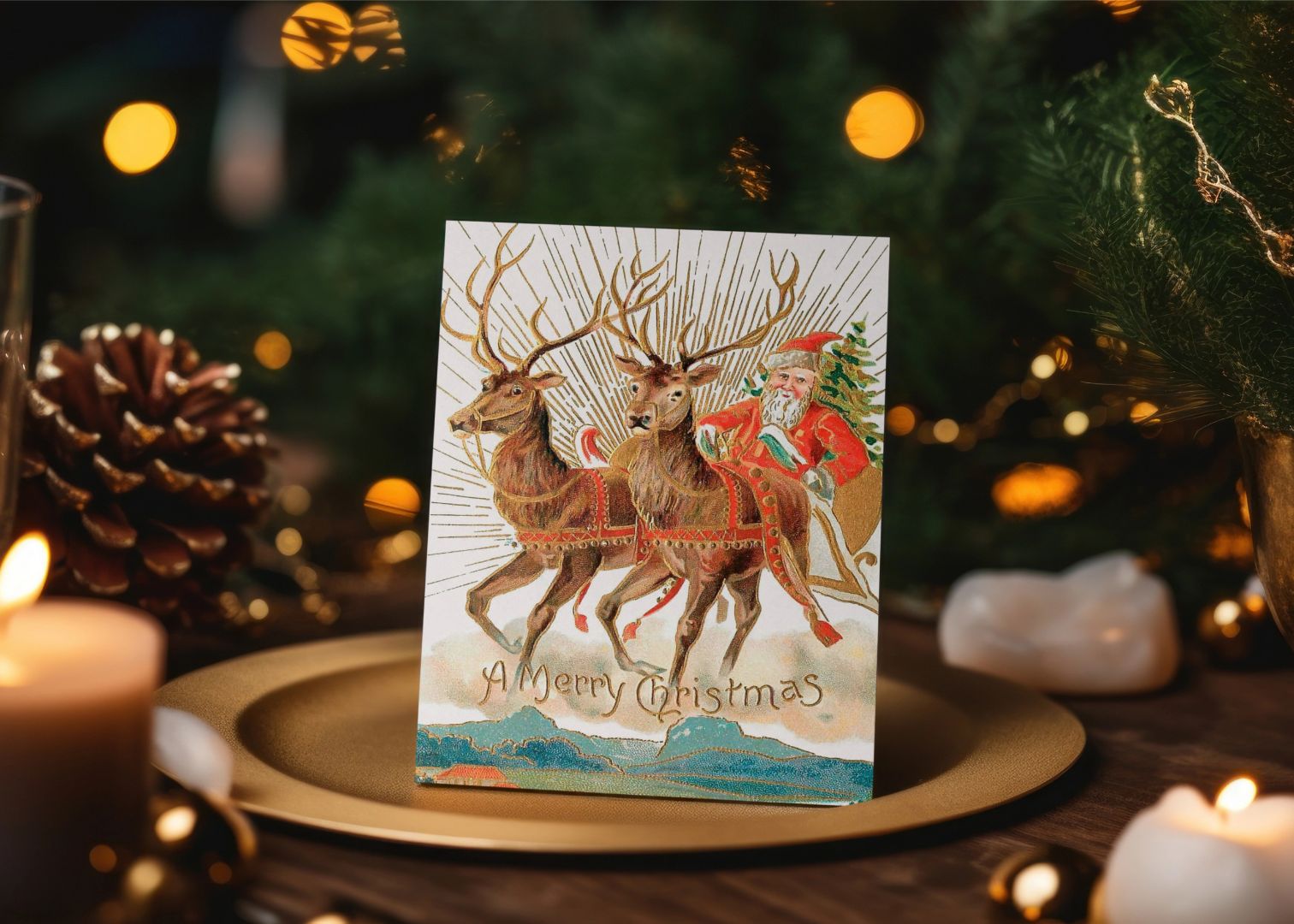 Christmas postcard of Santa Claus and his reindeer