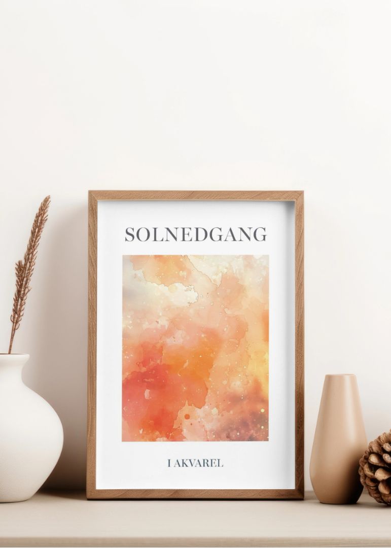Solnedgang i akvarel - indrammet