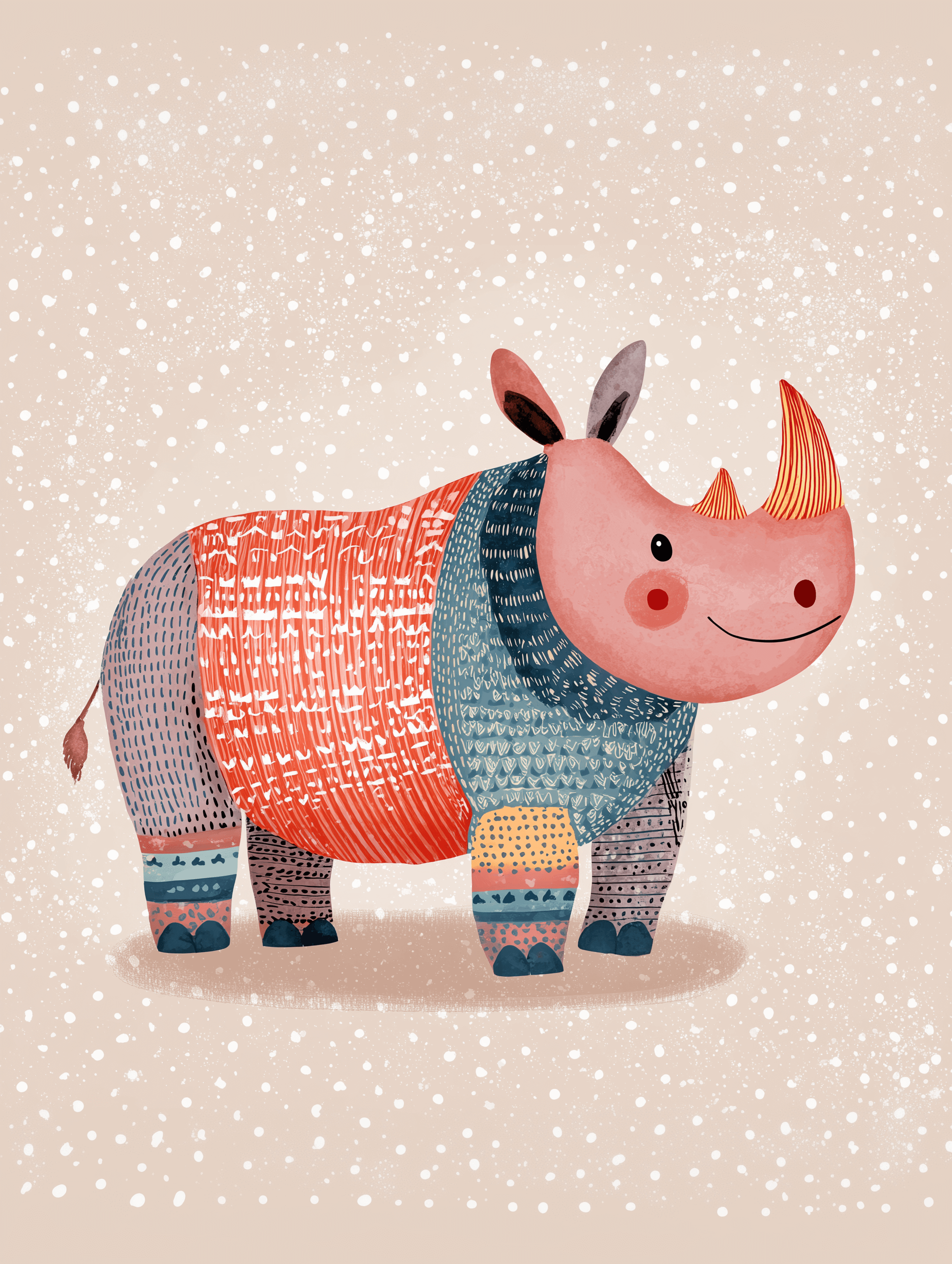 En finurlig illustration af en smilende flodhest med farverig, mønstret hud og et orange horn - perfekt som Cozy Hippo-plakaten fra Posters. Hvide sne-lignende prikker gør den til en charmerende tilføjelse til børneværelsets dyreprint.