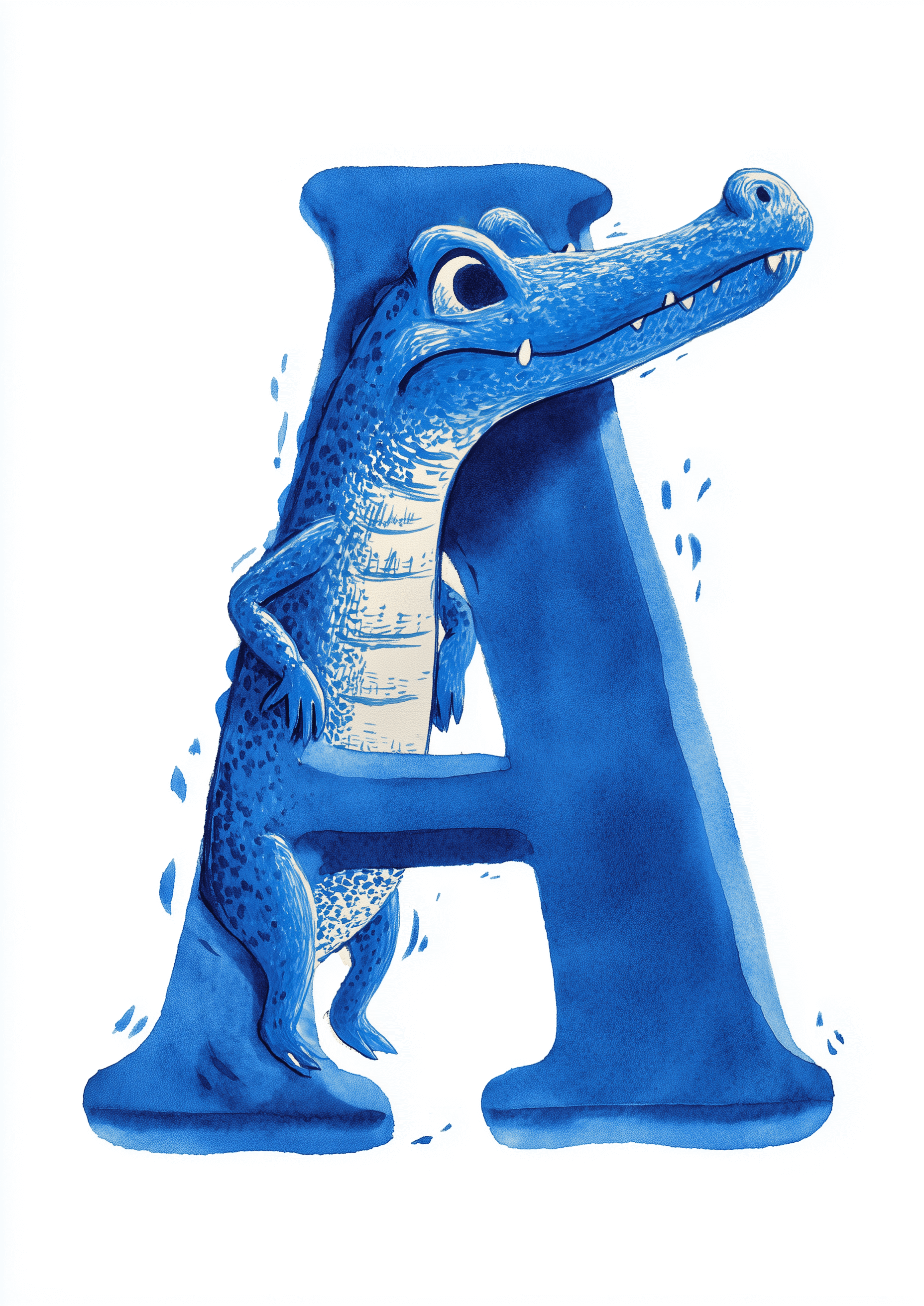 Cutie Crocky by Posters viser en blå alligator delvist inde i et stort blåt A, hvor hoved og forben kigger ud - et charmerende alfabetplakat til børneværelse indretning på en hvid baggrund.