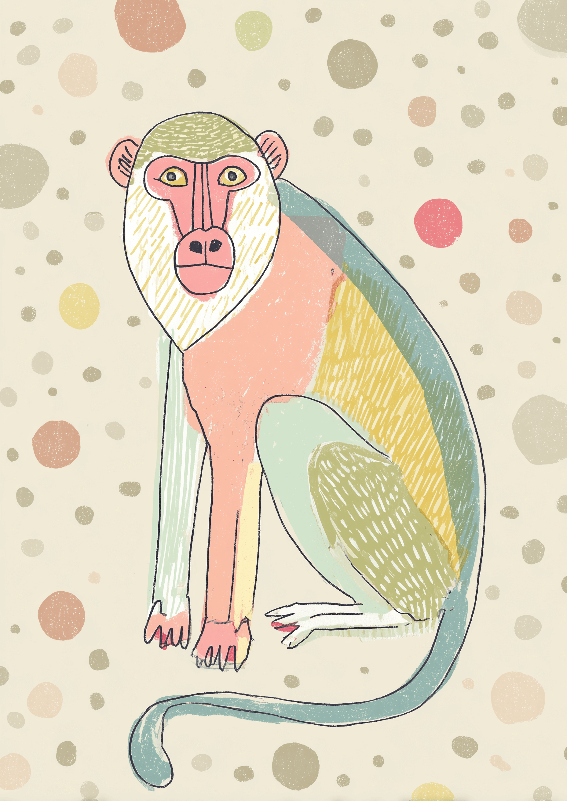 Docile Ape by Posters er en stiliseret pastelillustration af en siddende abe med enkle linjer på en beige baggrund med flerfarvede prikker - en farverig plakat børneværelse.