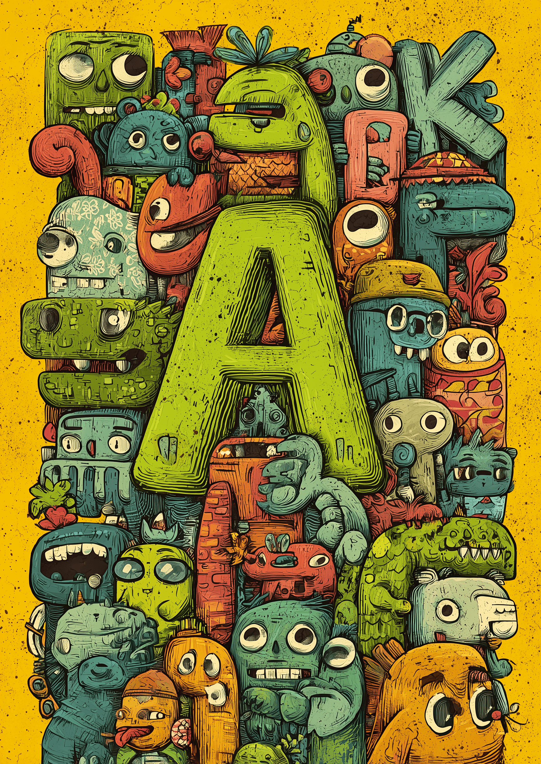 Doodle Monster fra plakater: En farverig plakat i doodle monster-stil med legesyge monstre og store bogstaver på gul baggrund-et fantasifuldt motiv, perfekt til børneværelset.