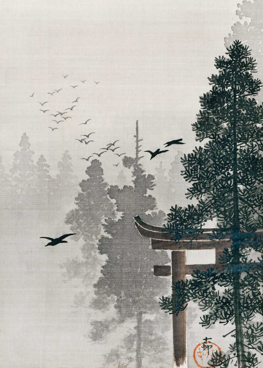 Flock of Birds and a Torii Gate in a Pine Tree Forest