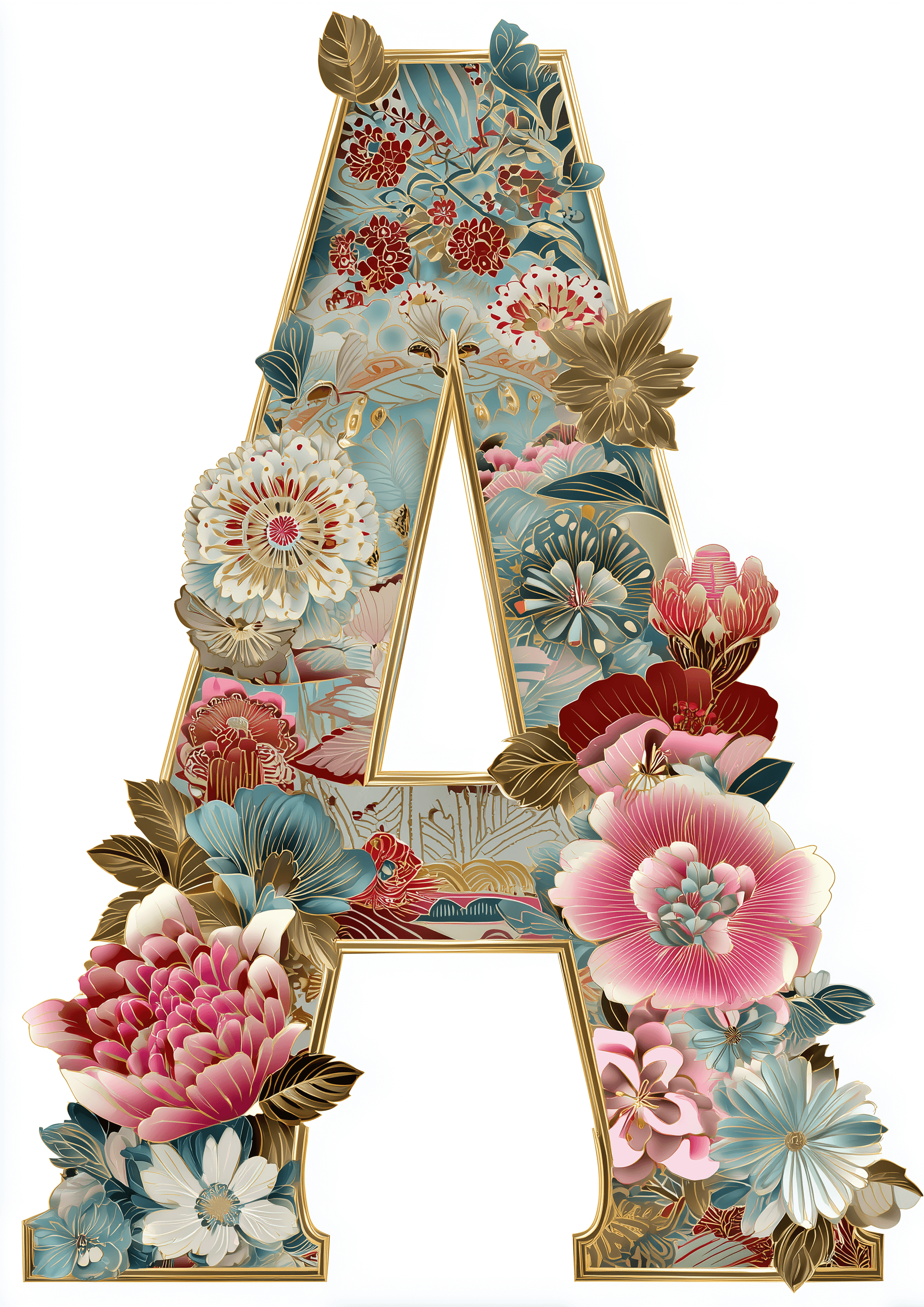 Florid A by Posters har et blomstret bogstav A prydet med levende røde, pink, blå og guldfarvede blomster og blade på en hvid baggrund - ideelt som botanisk vægkunst eller en dekorativ plakat.