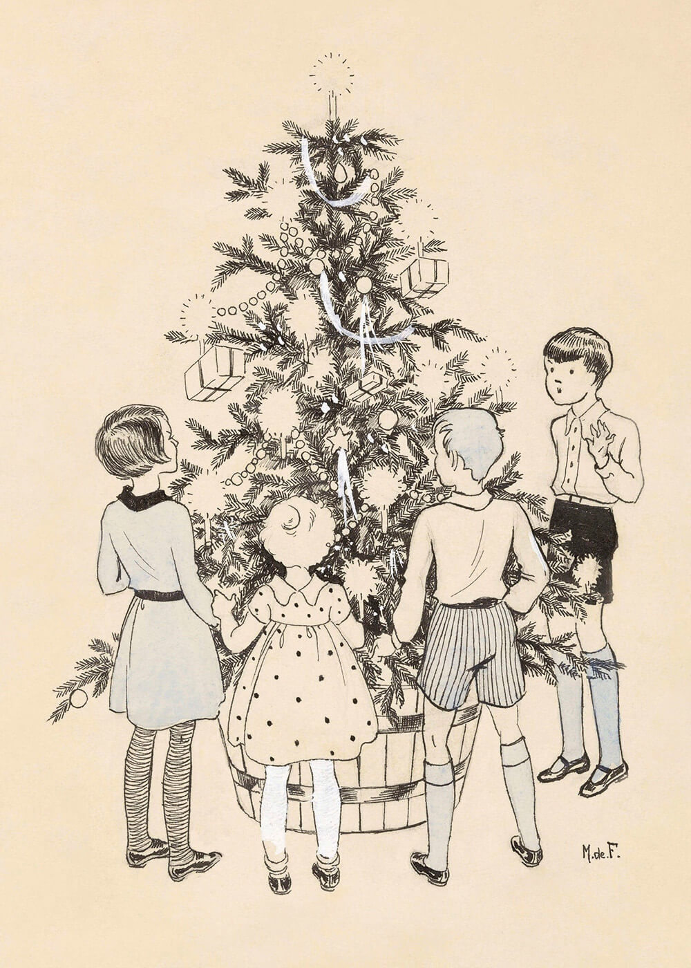 Four children around a Christmas tree