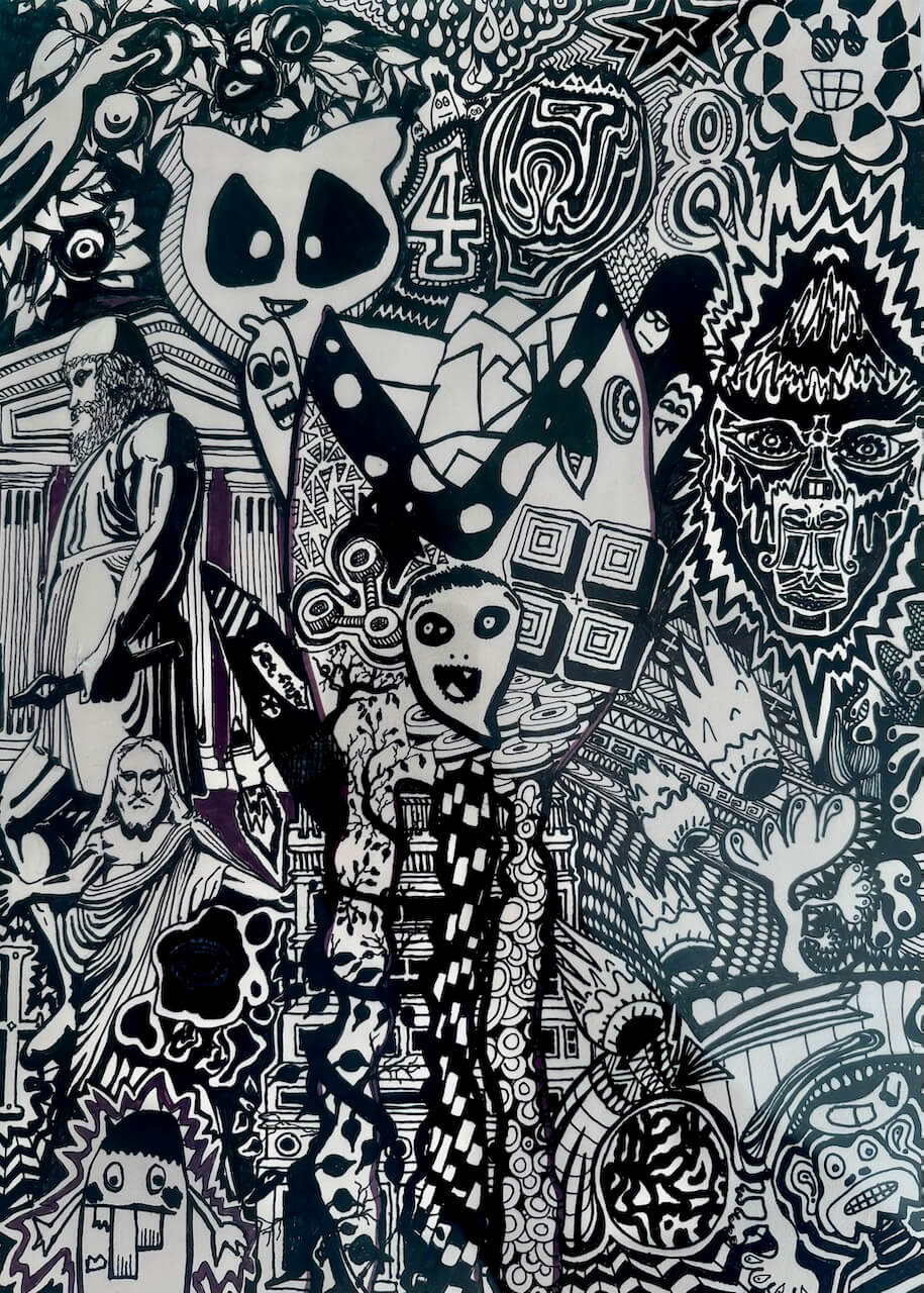 A dense black and white doodle collage featuring abstract faces, geometric shapes, classical statues, and expressively drawn creatures throughout.
