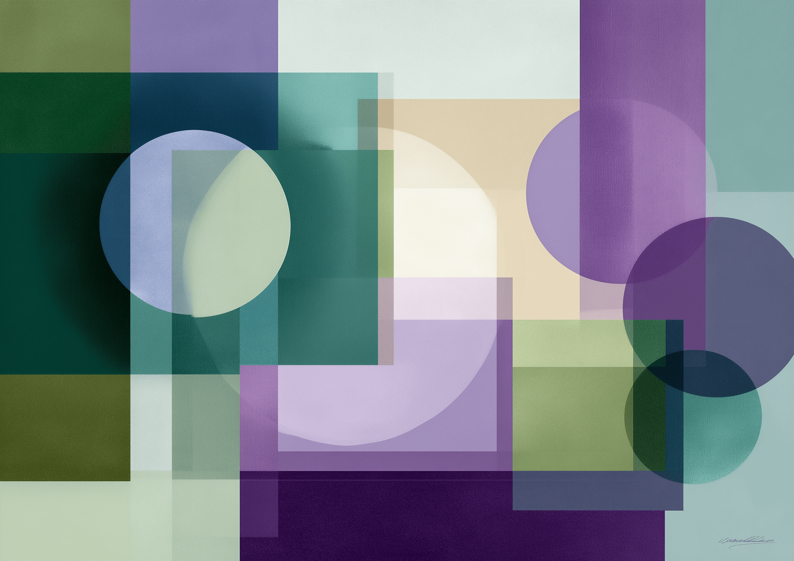 Geometric shape by Posters har overlappende rektangler, firkanter og cirkler i grøn, lilla og blå med moderne design, varierede opaciteter og bløde kanter, der skaber et lagdelt, moderne look.