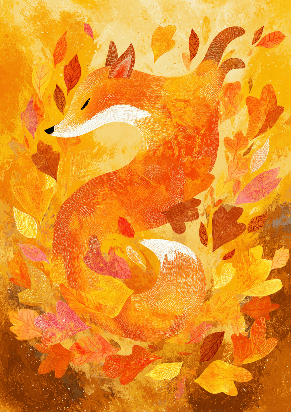 En illustreret orange ræv med en busket hale snor sig blandt efterårsblade på den finurlige, strukturerede Gracefull Fox plakat fra Posters - en fortryllende efterårsplakat, der varmer dit rum, trykt på FSC-certificeret papir.