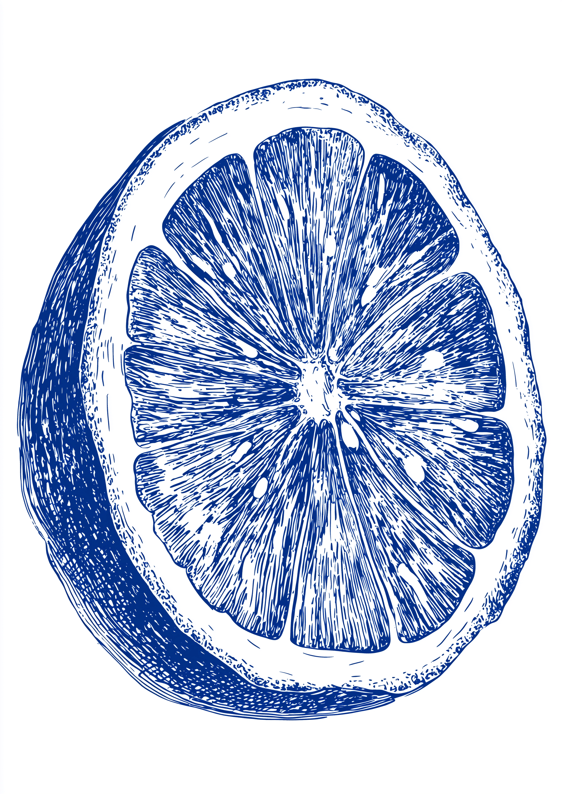 Inverse Fruit" fra Posters: Moderne kunstplakat med blå stregtegning af citronhalvdel, detaljeret skræl og segmenter på hvid baggrund.