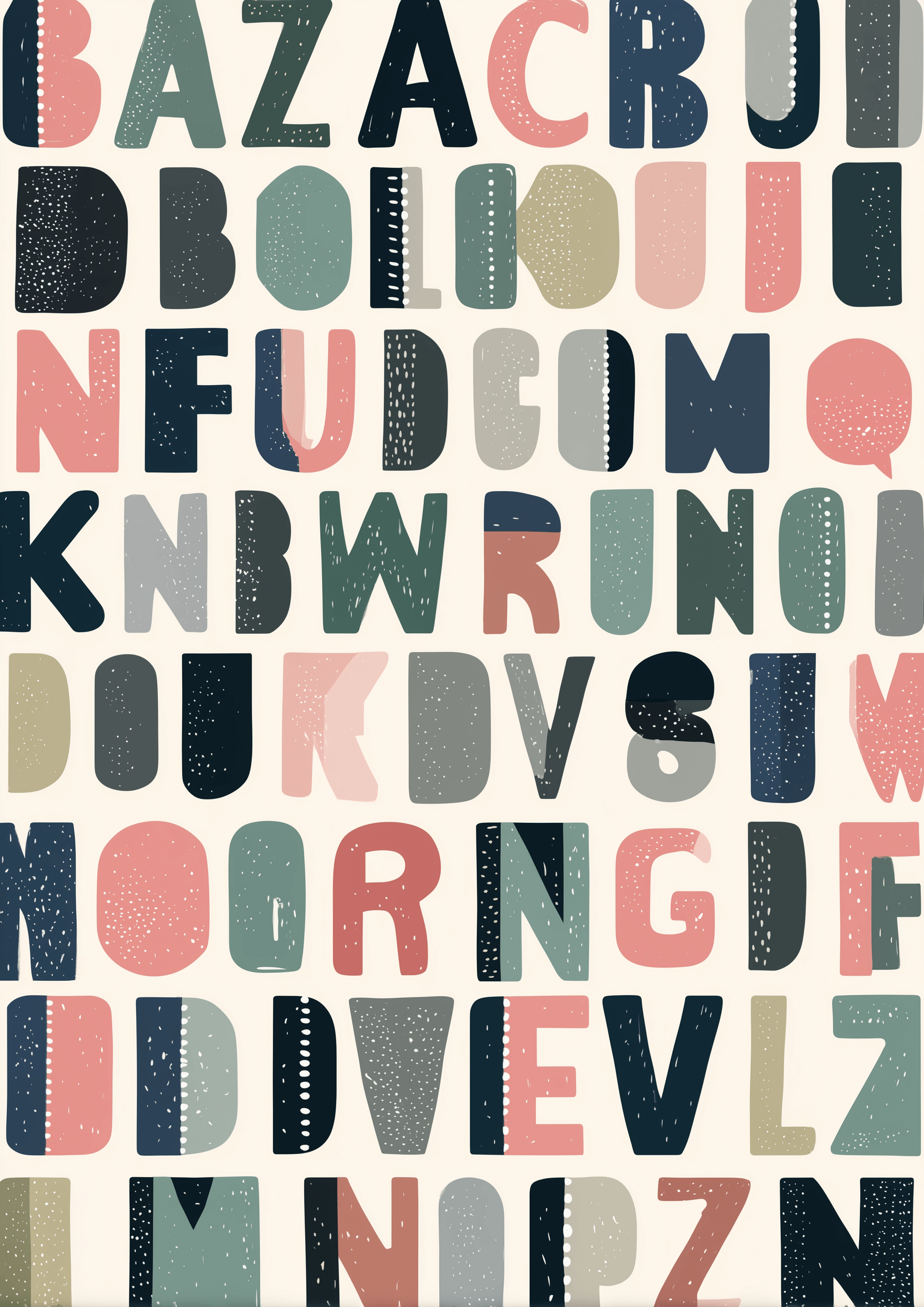 Messy Letters by Posters har levende, mønstrede store bogstaver i rækker på en lys baggrund - hver med sin egen struktur og farve - hvilket gør denne vægkunst ideel som børneværelse dekoration eller læringsplakat børn.